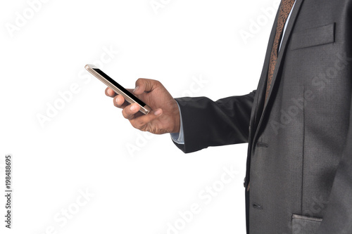 Man touching android phone blank screen professionally isolated on white background