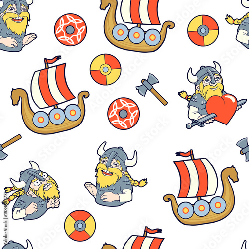 Seamless pattern with vikings, ships, axes and shields.Vikings expresses three emotions:love,anger and laugh.