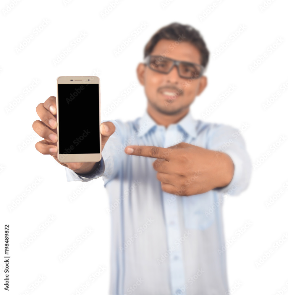 Man holding blank screen smartphone professionally isolated on white background Man holding blank screen smartphone professionally isolated on white background