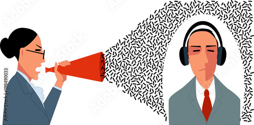 Business woman attempting to communicate with a male coworker who is ignoring her, EPS 8 vector illustration