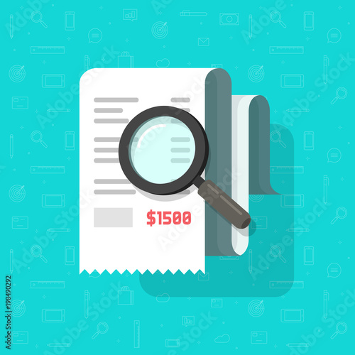 Receipt with magnifying glass vector illustration, flat cartoon tax bill document analysis, concept of expenses cost research, financial check, budget accounting report, paper invoice analyze