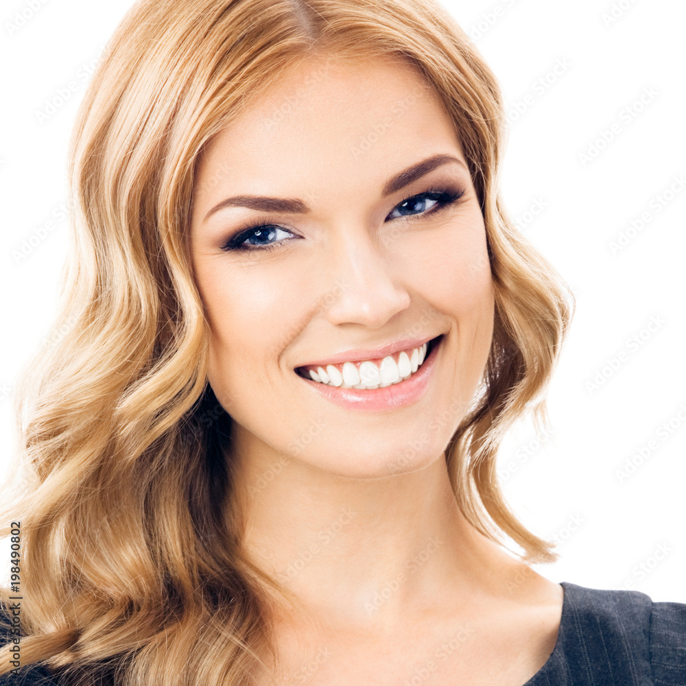 Young cheerful business woman, on white Young cheerful business woman, on white