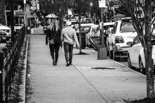 Couple walking downtown