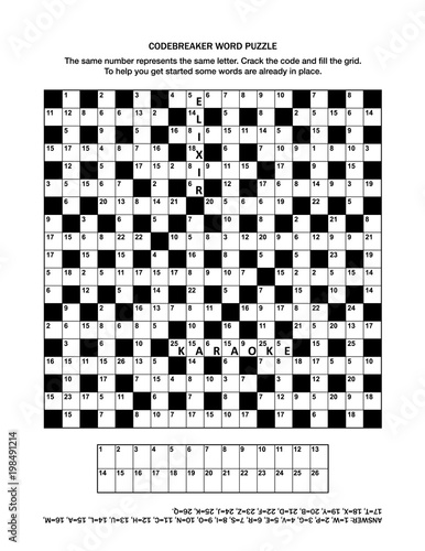 Puzzle page with codebreaker (codeword, code cracker) word game or crossword puzzle. General knowledge, some words already in place, medium level. Answer included.
