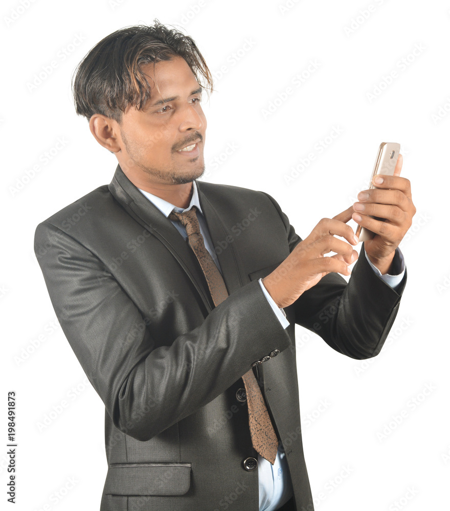 Man touching android phone screen isolated on white background professionally