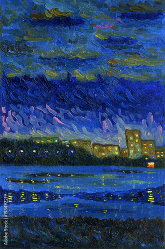 Fototapeta Naklejka Na Ścianę i Meble -  Spring night on the shore of the city lake.Oil painting on canvas.Blue and orange color scheme. In the foreground there is melting ice of lake surface, in the background there are lights of the city.