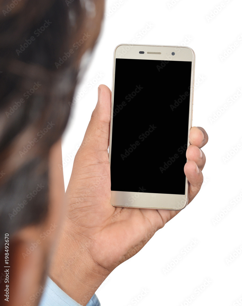 Man holding blank screen smartphone isolated on white background professionally