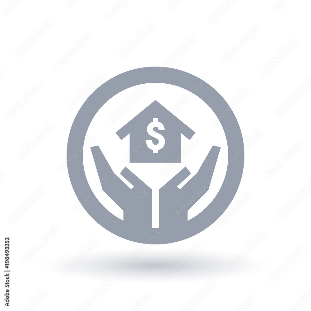 Property home loan icon with hands, house for sale with dollar symbol. Vector illustration. Property home loan icon with hands, house for sale with dollar symbol. Vector illustration.