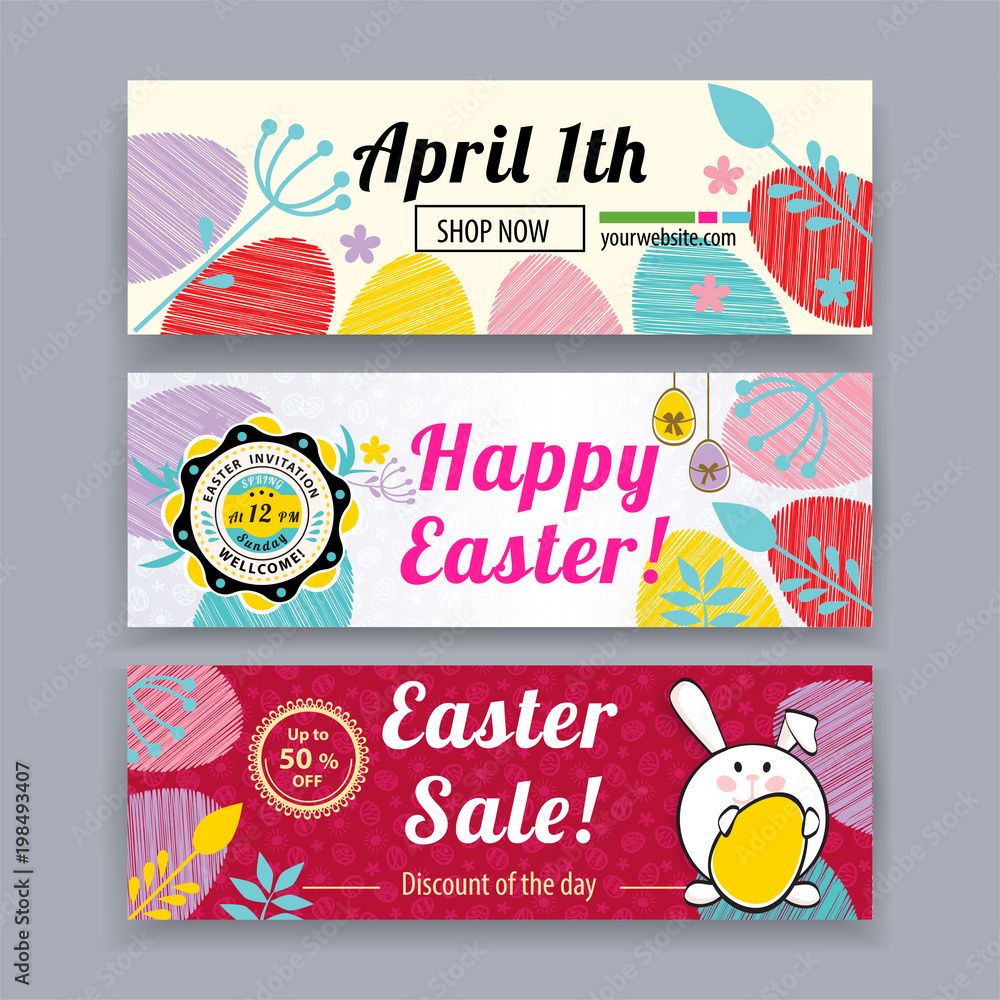 Easter banners with bunny, multicolored eggs. Easter blank