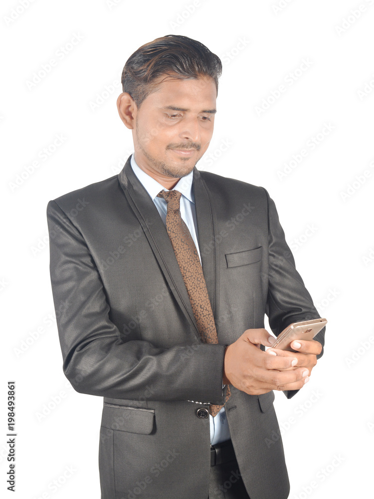 Man touching android phone screen isolated on white background professionally Man touching android phone screen isolated on white background professionally