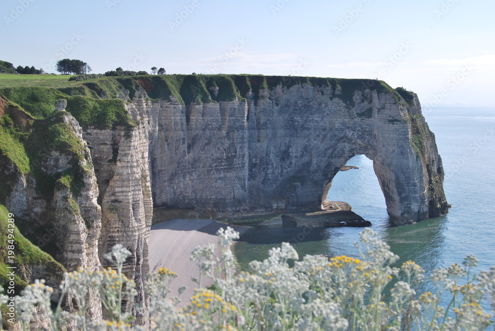 Fototapeta premium ETRETAT, NORMANDY, FRANCE - JUNE 2016: View of Etretat's cliffs and shore from the highland among the flowers across a natural rock opening.