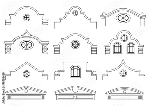 A set of silhouettes of classic vintage facades. Templates for colorings. Vector graphics. Architectural elements of pediments photo