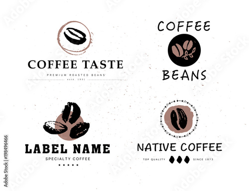 Vector collection of hand drawn coffee logo design elements isolated on textured background. Coffee shop craft emblem, company insignia template, banner, print, etc.