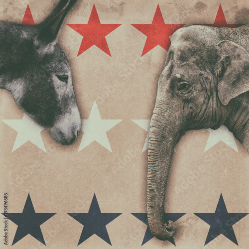 Photography Political animals, a donkey representing democrats and an elephant representing republicans, on a vintage boxing style poster
