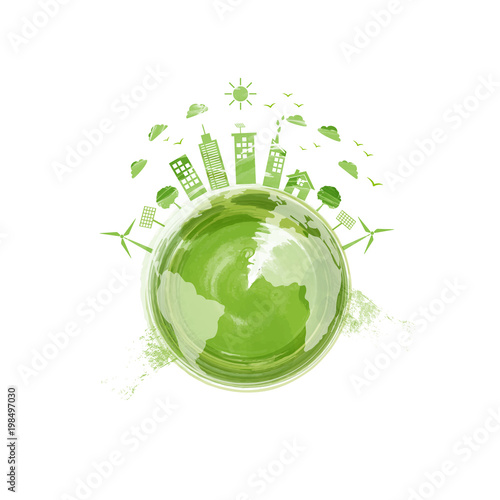 Eco friendly, Green city, World Environmentally saving concept with watercolor paint, Vector illustration