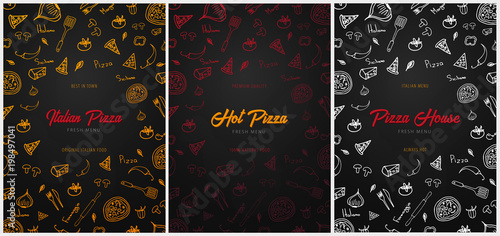 Set of Pizza food menu for restaurant and cafe. Design with hand-drawn graphic elements in doodle style. Vector Illustration