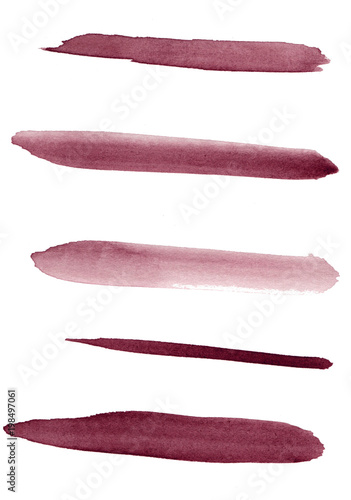 Watercolor. Red marsala abstract painted ink strokes set on watercolor paper. Isolated on white