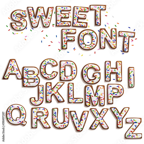 Christmas gingerbread cookies alphabet and numbers, vector illustration.