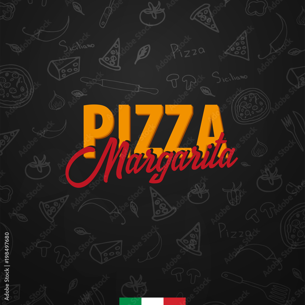 Fototapeta premium Pizza food menu for restaurant and cafe. Design banner with hand-drawn graphic elements in doodle style. Vector Illustration