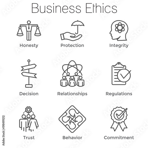 Business Ethics Outline Icon Set w Honesty, Integrity, Commitment, & Decision