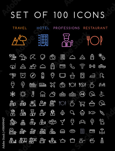 Set of 100 Minimal Universal Modern Elegant Black Stroke Icons ( Travel Hotel Professions and Restaurant ) on White Background