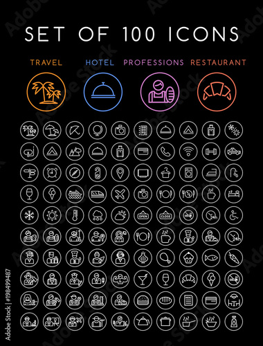 Set of 100 Universal Minimal Black Thin Line Icons on Circular Buttons on White Background ( Travel Hotel Professions and Restaurant )