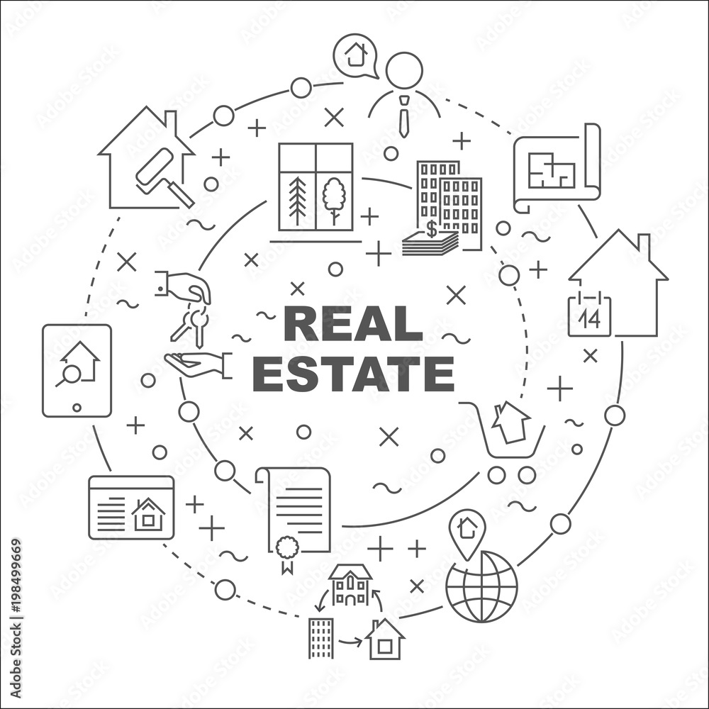Linear illustration for presentations in the round. Real Estate theme. Editable Stroke