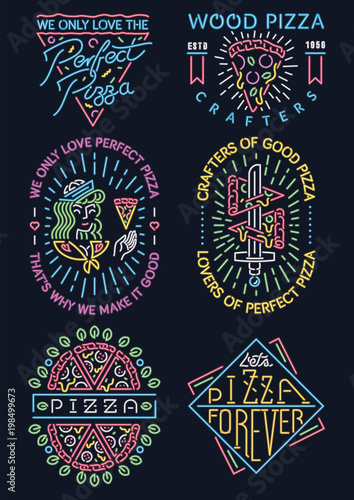 Colored neon pizza signs collection