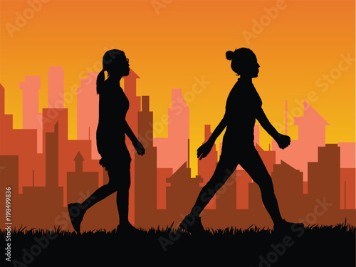 silhouette woman brisk walking in city background