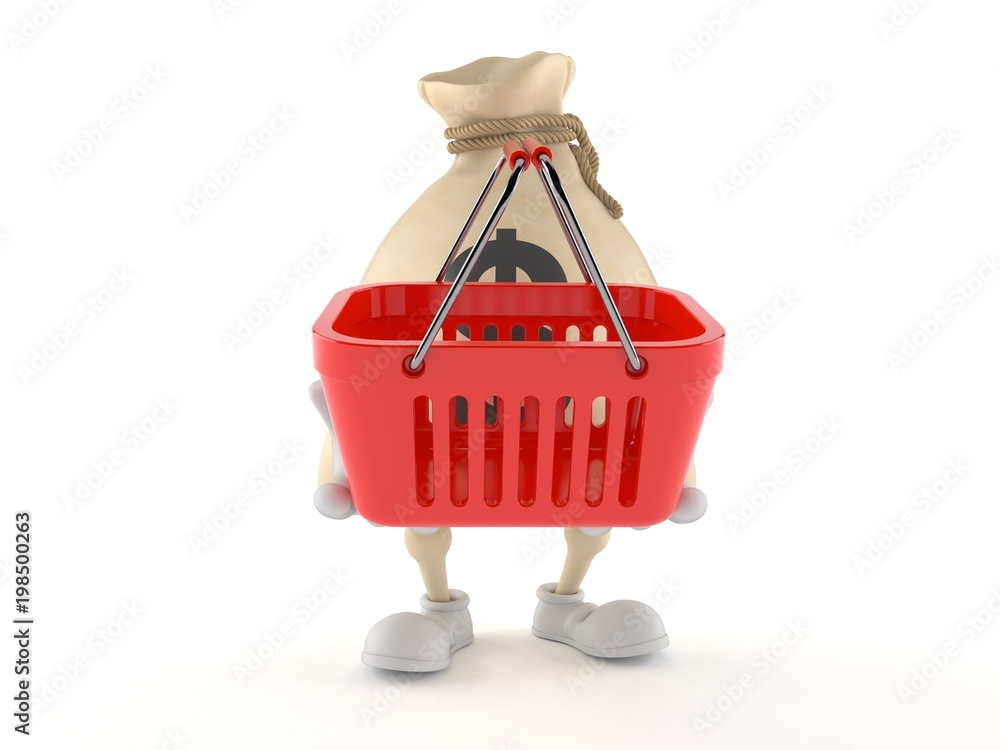 Fototapeta premium Dollar money bag character holding empty shopping basket