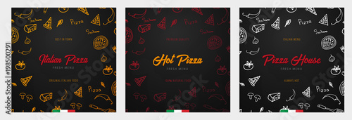 Set of Pizza food menu for restaurant and cafe. Design with hand-drawn graphic elements in doodle style. Vector Illustration