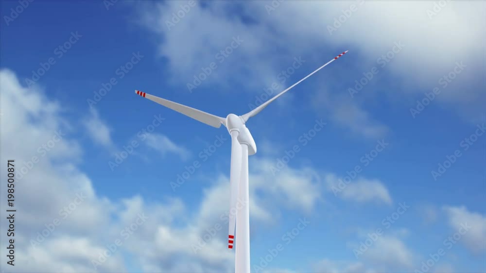 Beautiful 3d animation of a wind generator on a background of a cloudy sky. Blades of a wind turbine rotates against cloudscape close-up, 4K UHD Beautiful 3d animation of a wind generator on a background of a cloudy sky. Blades of a wind turbine rotates against cloudscape close-up, 4K UHD