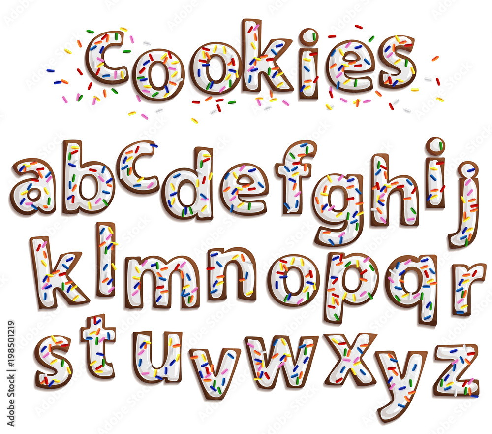 Christmas gingerbread cookies alphabet with white icing and colorful sprinkles isolated on white, vector illustration.
