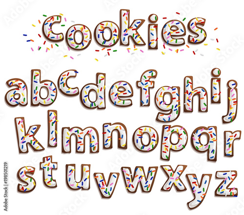 Christmas gingerbread cookies alphabet with white icing and colorful sprinkles isolated on white, vector illustration.