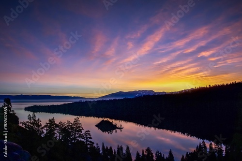 Colorful misty sunrise over Lake Tahoe