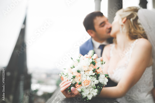 Kissing wedding couple staying over beautiful landscape