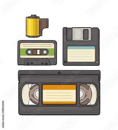 Set retro technology object. Vintage vector black engraving illustration