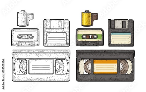 Set retro technology object. Vintage vector black engraving illustration