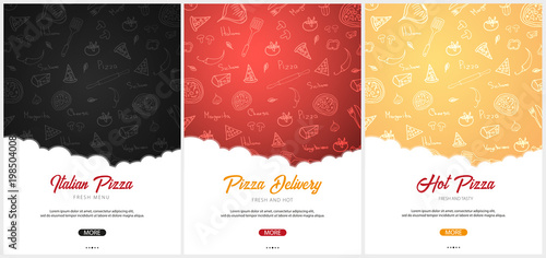 Set of Pizza food menu for restaurant and cafe. Poster with hand-drawn graphic elements in doodle style. Vector Illustration