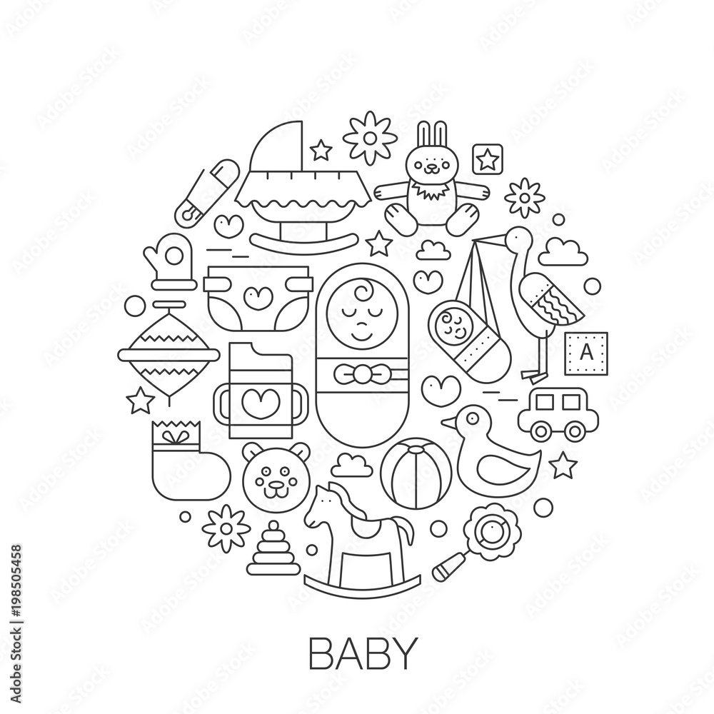 Baby kids in circle - concept line illustration for cover, emblem, badge. Baby kid thin line stroke icons set.