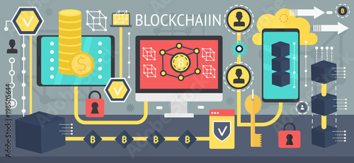 Cryptocurrency bitcoin and blockchain network technology concept. Different devices connected in one network. Vector blockchain poster template.