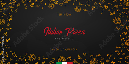 Pizza food menu for restaurant and cafe. Design banner with hand-drawn graphic elements in doodle style. Vector Illustration