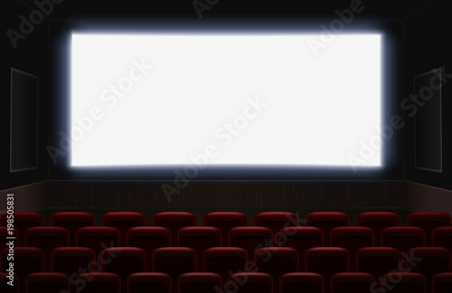 Interior of a cinema movie theatre with shiny white blank screen. Red cinema or theater seats in front of the screen. Empty Cinema auditorium background vector illustration.