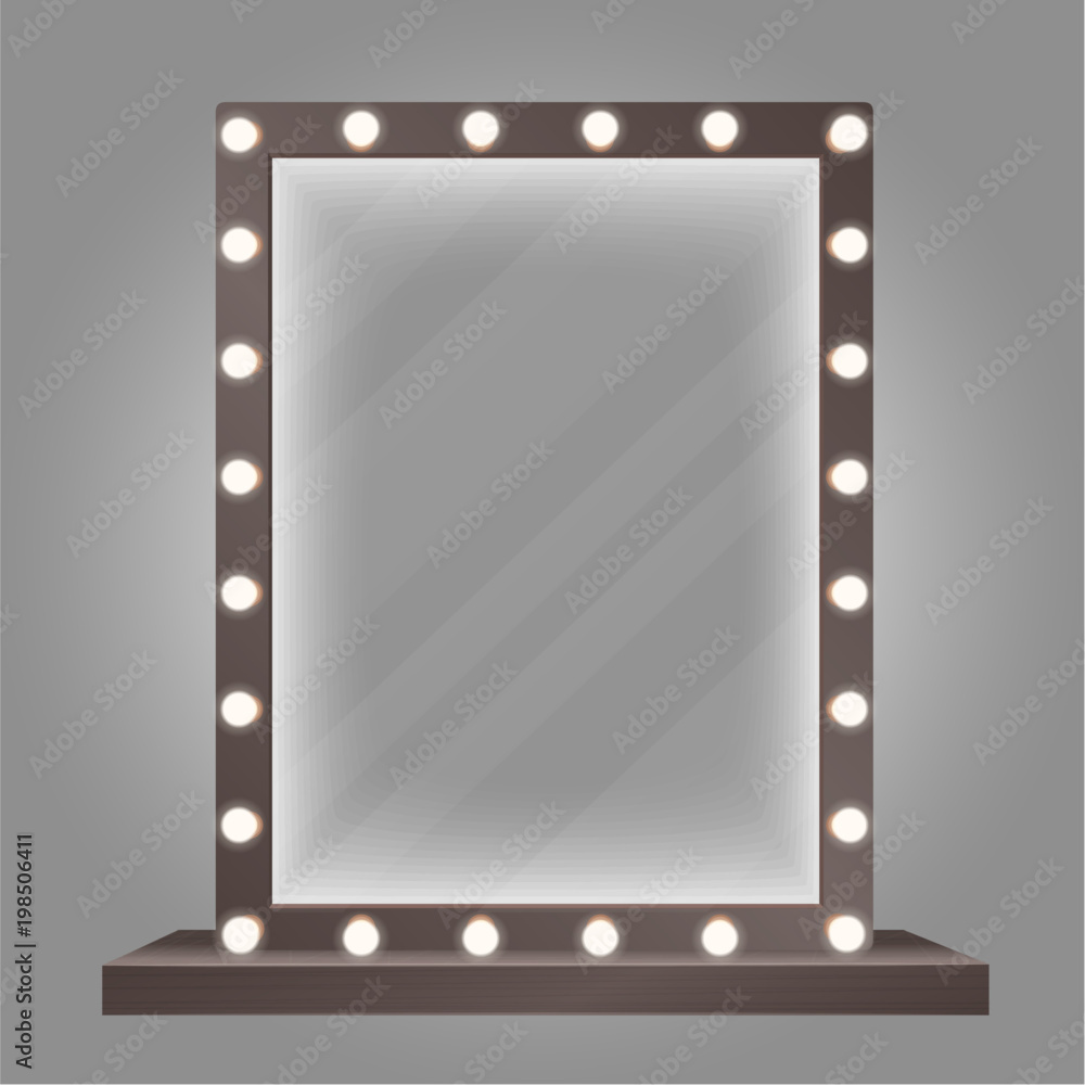 Mirror in frame with bulb lights. Makeup mirror vector illustration.