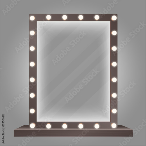 Mirror in frame with bulb lights. Makeup mirror vector illustration.