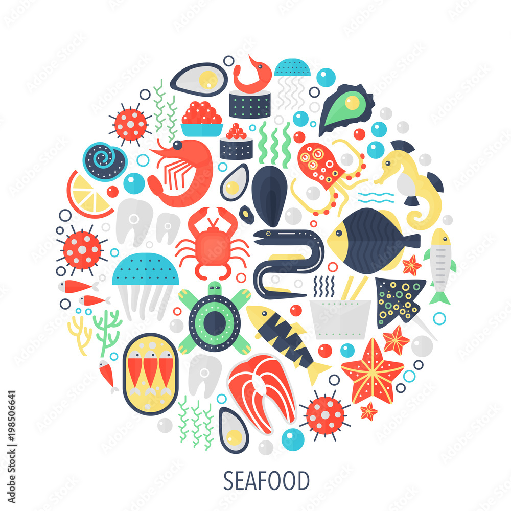 Seafood food flat infographics icons in circle - color concept illustration for seafood cover, emblem, template.