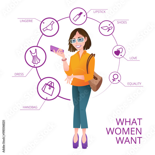 What women want. Vector infographics with pretty woman and speech bubbles around her with icons consisting of woman's wishes. Perfect to use in advertising design, posters, and other creative projects