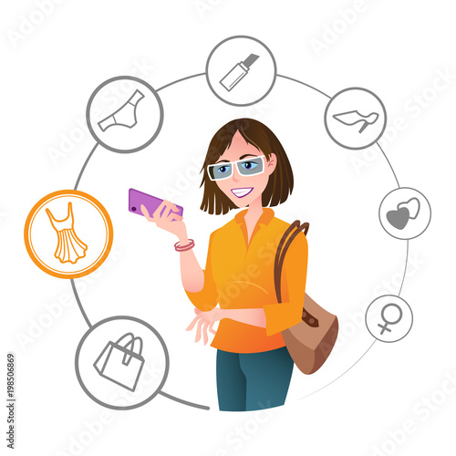 What women want. Vector infographics with pretty woman and speech bubbles around her with icons consisting of woman's wishes. Perfect to use in advertising design, posters, and other creative projects