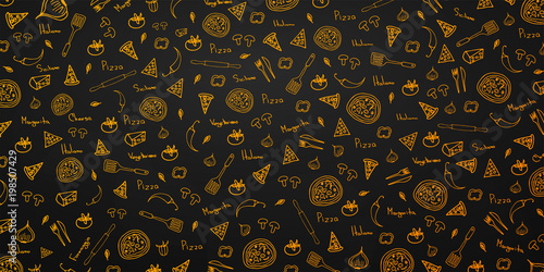 Pizza food menu for restaurant and cafe. Design banner with hand-drawn graphic elements in doodle style. Vector Illustration