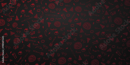 Pizza food menu for restaurant and cafe. Design banner with hand-drawn graphic elements in doodle style. Vector Illustration